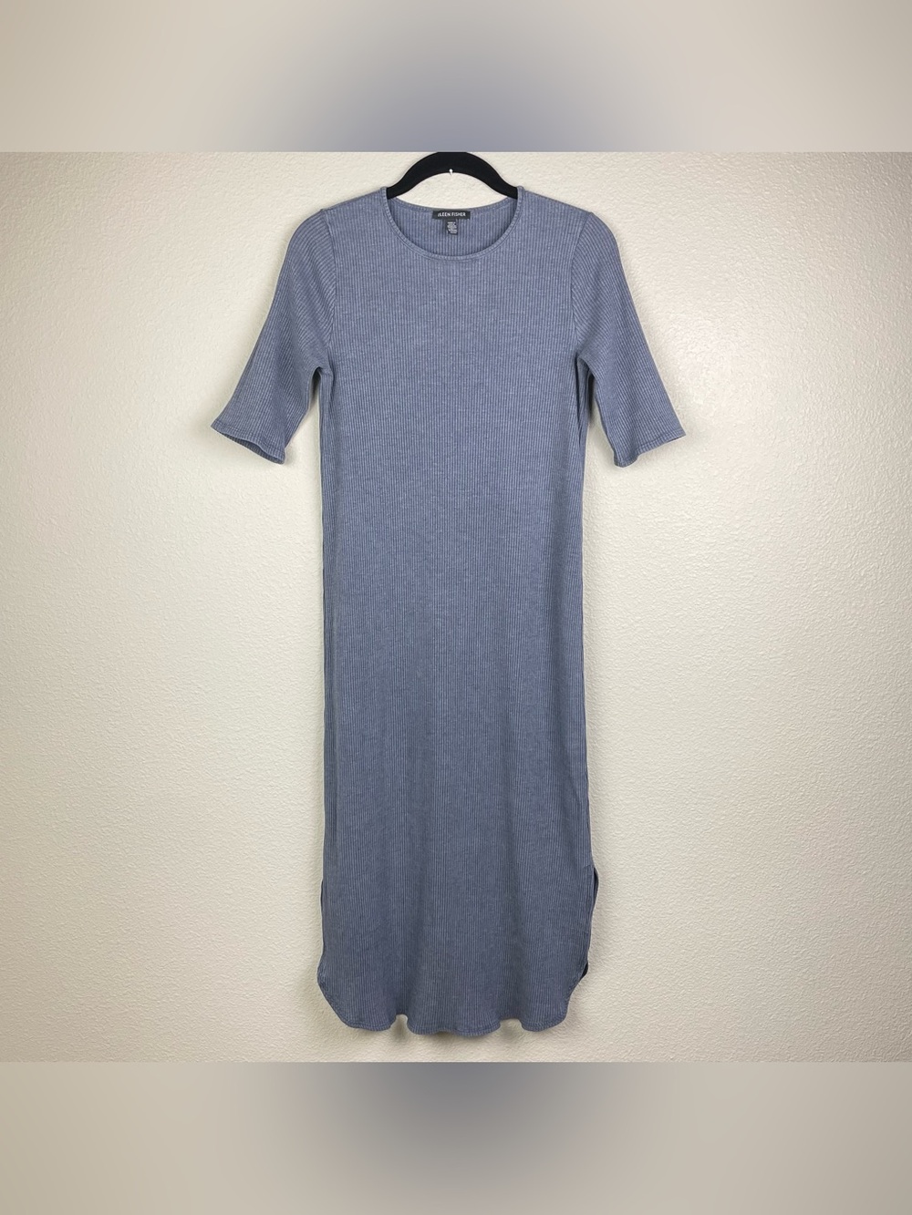 Eileen Fisher Women's XS Ribbed Tencel Jersey Knit Midi Dress Round Neck Minimal